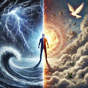 Persona de pie en medio de una tormenta, con un lado de su cuerpo rodeado de caos y el otro lado iluminado, simbolizando el control interno frente a factores incontrolables.