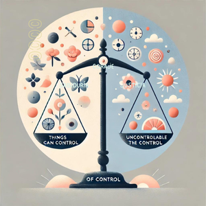 Balanza que representa la Dicotomía del Control, mostrando de un lado lo que podemos controlar, como las acciones, y del otro, elementos incontrolables como el clima y el tiempo.