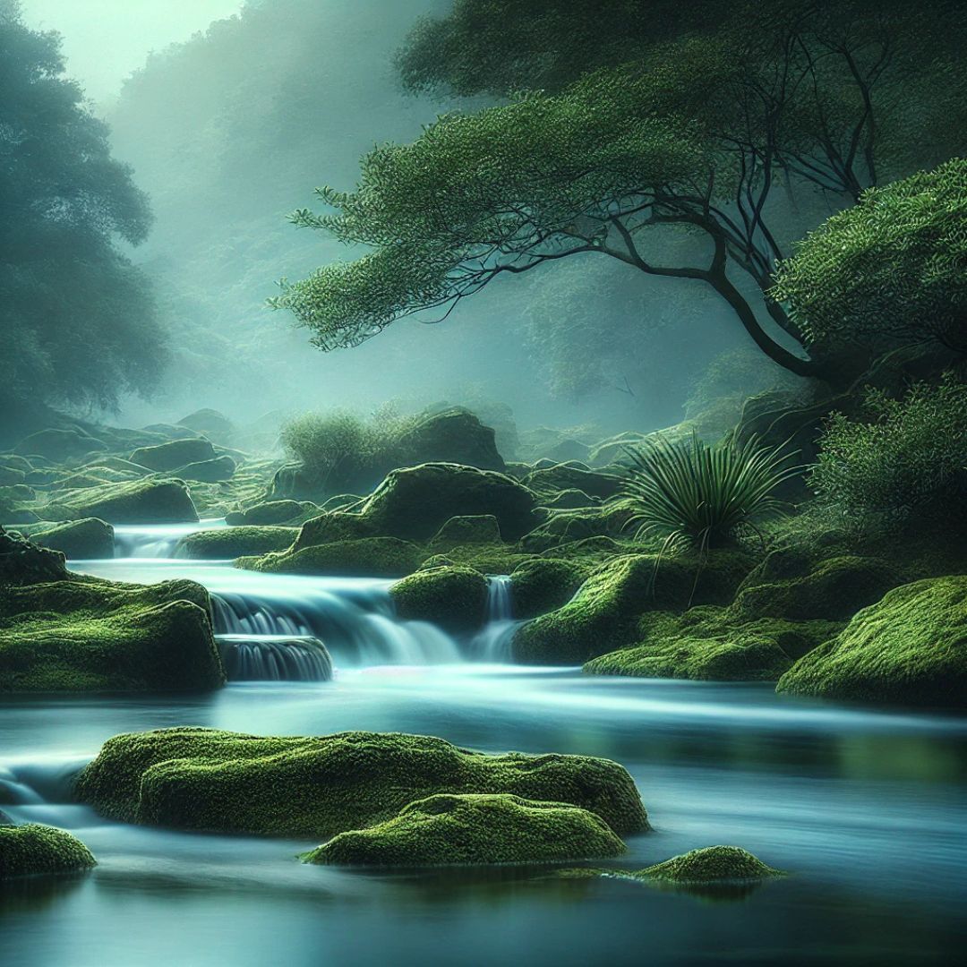 Paisaje sereno con un río fluido, rodeado de rocas cubiertas de musgo y árboles, representando la calma y la filosofía taoísta de aceptar el cambio.