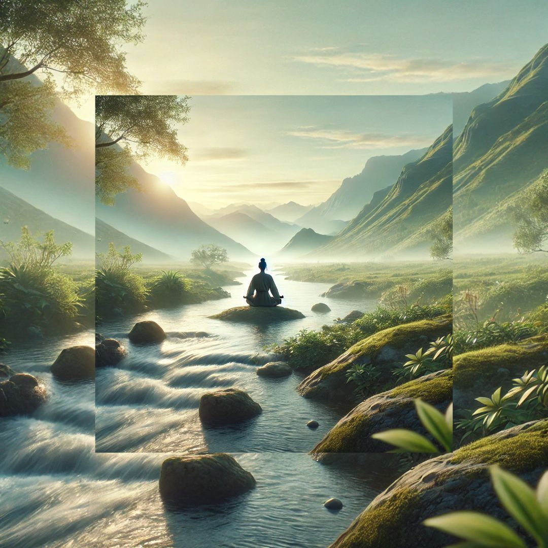 Persona meditando cerca de un río en un entorno natural, simbolizando la práctica taoísta del Wu Wei, que promueve la calma y el equilibrio emocional al fluir con la naturaleza.