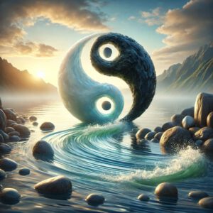 Símbolo de yin-yang hecho de agua fluyendo y rocas, representando la dualidad y el equilibrio emocional en el Taoísmo, donde los opuestos se complementan para alcanzar la paz interior.