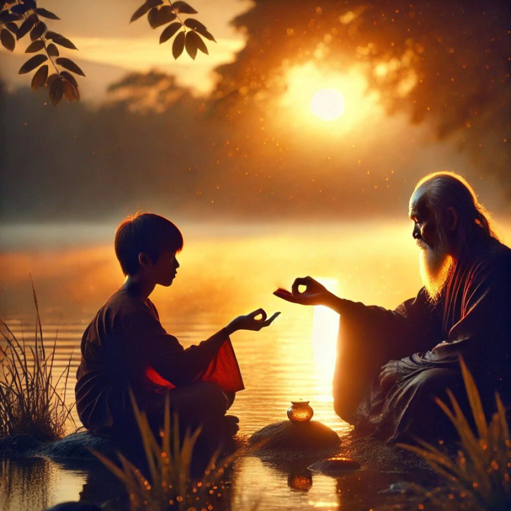 Un maestro sabio y su joven discípulo sentados junto al lago, con el maestro sosteniendo una gota en su dedo mientras enseña.