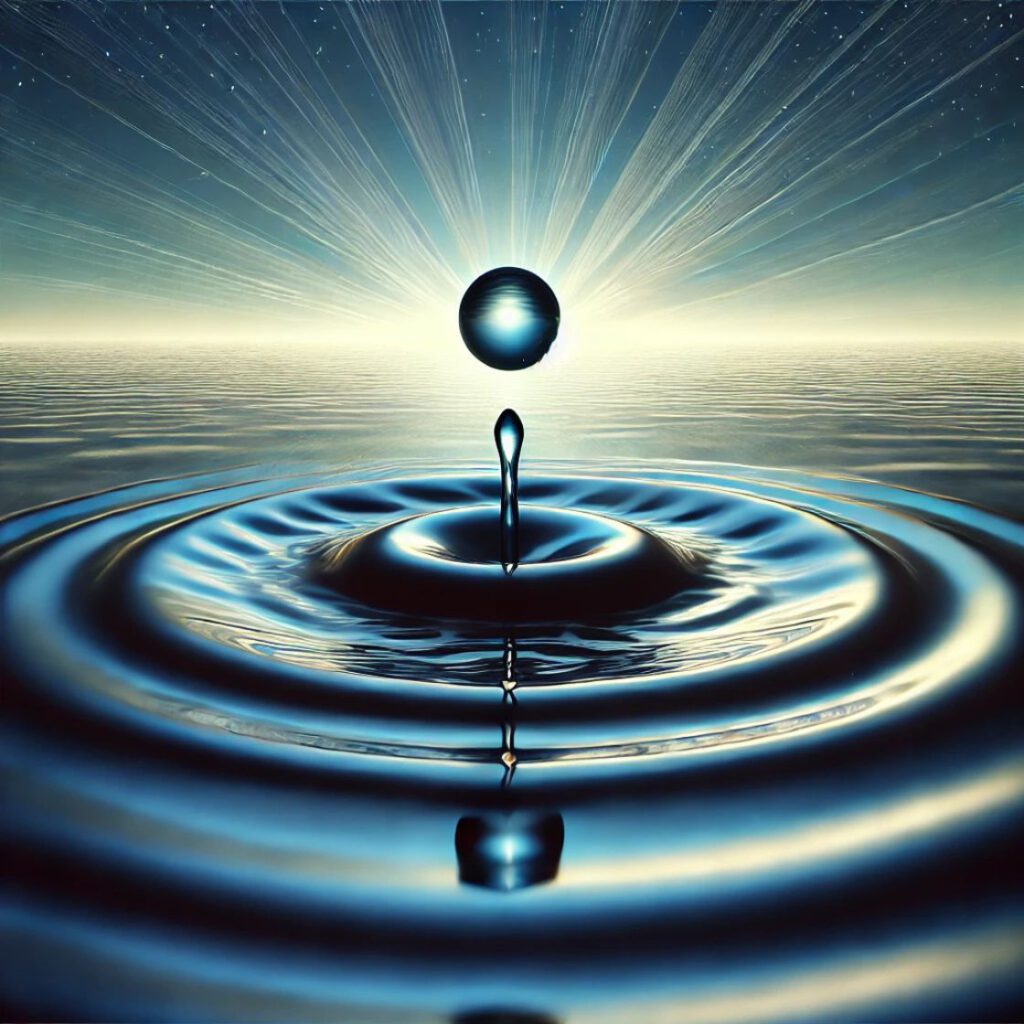 Parábola de la gota y el océano 2 Una gota fusionándose con un vasto océano, simbolizando la unión y el propósito en la existencia