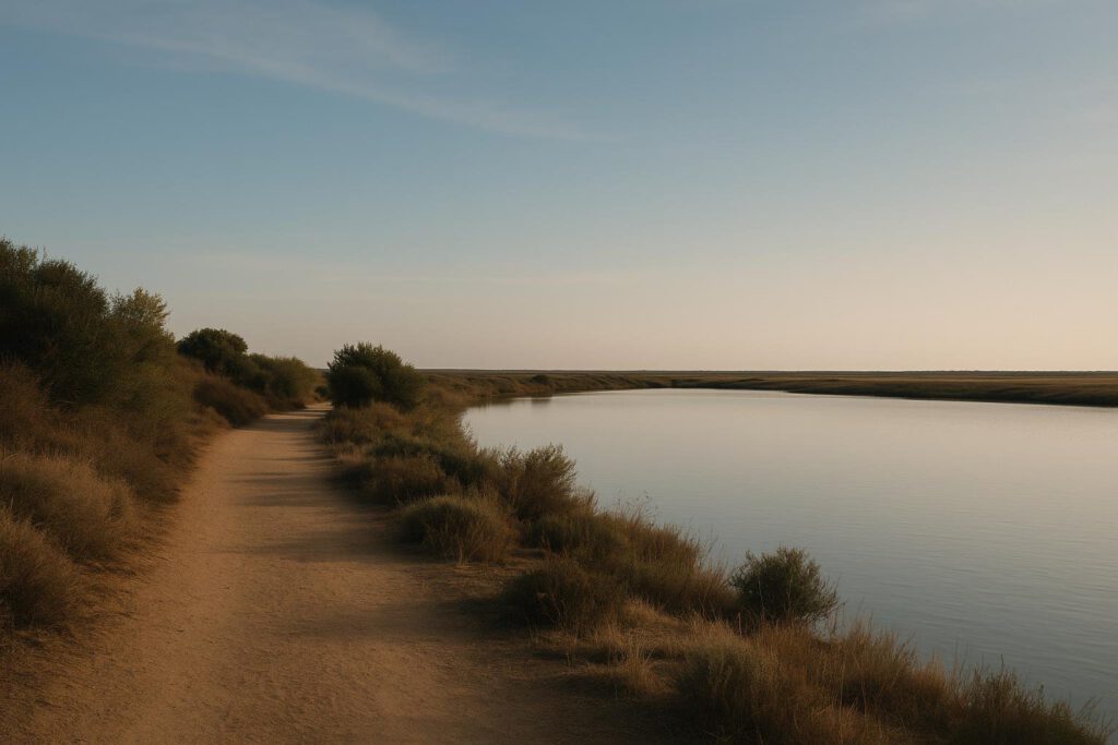 Paisaje sereno con agua quieta y tonos tierra para representar meditación y no dualidad Advaita