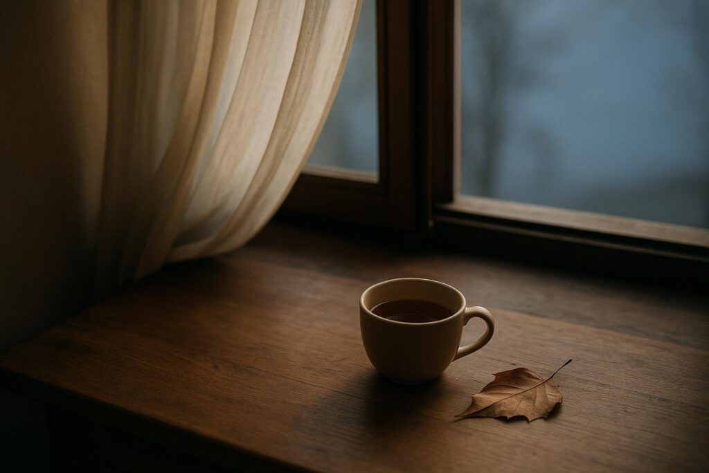 Taza de té junto a una ventana abierta con luz suave y una hoja seca sobre la mesa