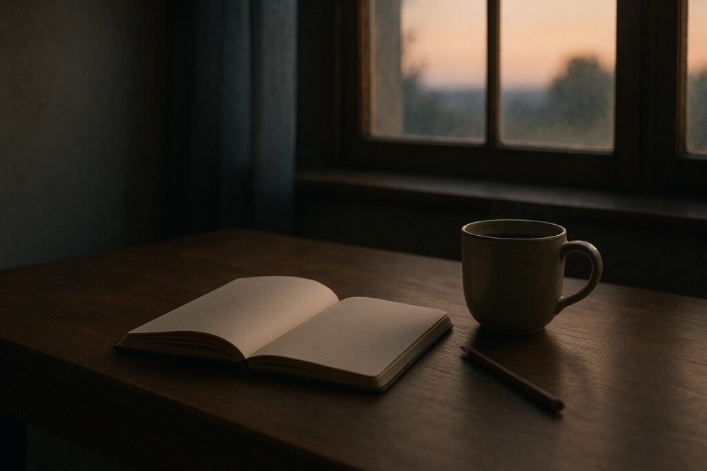 Cuaderno abierto y taza junto a una ventana con luz suave de la mañana