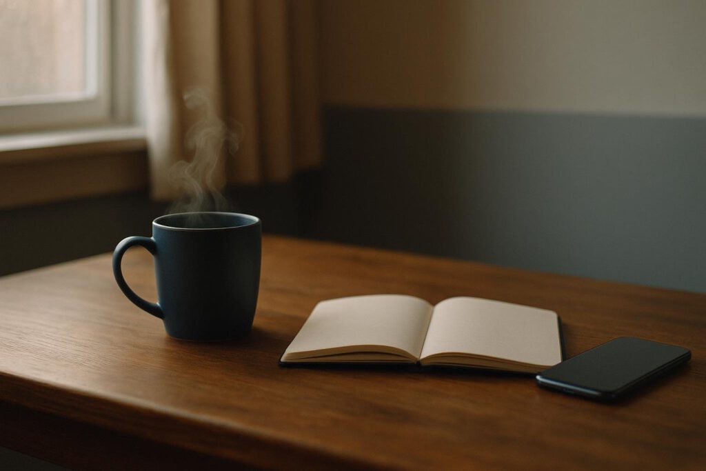 Mesa tranquila con té, libreta y teléfono boca abajo junto a una ventana con luz suave