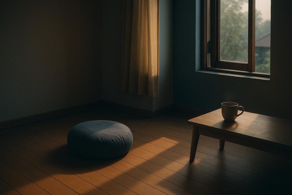 CojÃn de meditación vacÃo junto a una ventana con luz suave de la mañana