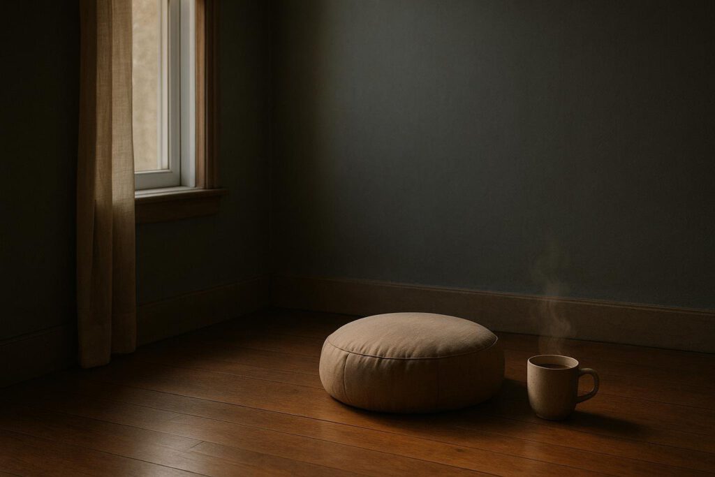 CojÃn de meditación junto a una ventana con luz suave de mañana