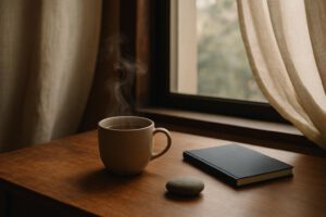 Taza de té junto a una ventana abierta con luz suave y ambiente sereno