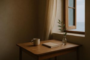 Mesa sencilla junto a una ventana con taza, cuaderno y luz suave de mañana