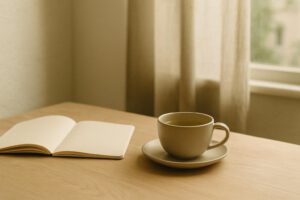 Taza de té y cuaderno junto a una ventana con luz suave en una escena tranquila