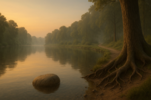 Paisaje sereno al amanecer junto a un río, símbolo de no-dualidad Advaita Vedanta y realidad indivisa